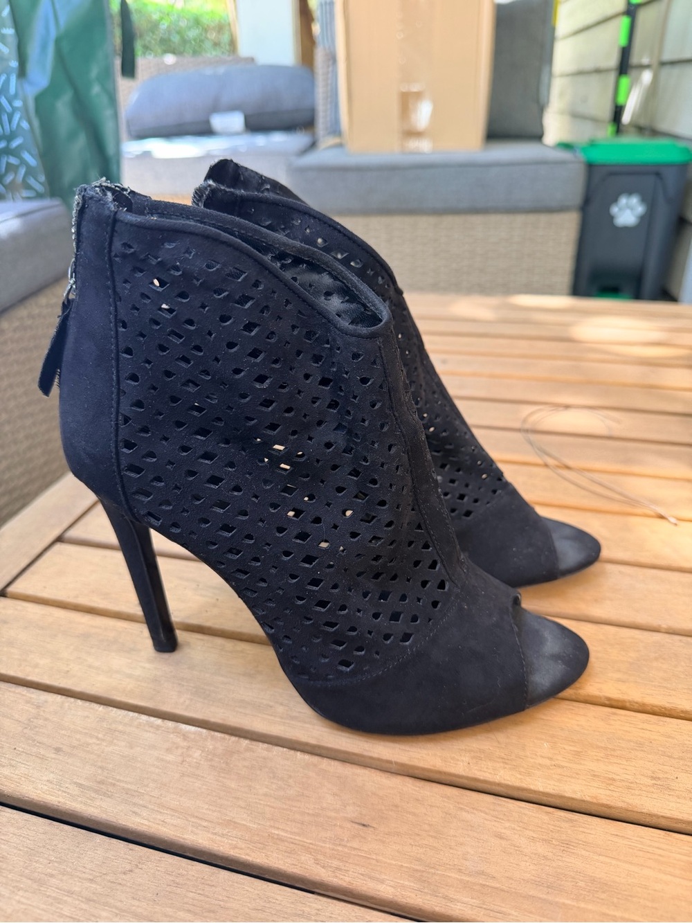 Zara Black Perforated Suede Peep-Toe Stiletto Booties | Size 37